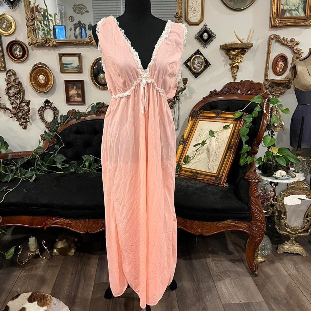 Vintage Pink Lace Trim Maxi Nightgown Sheer Empire Waist V-Neck Lingerie Dress
